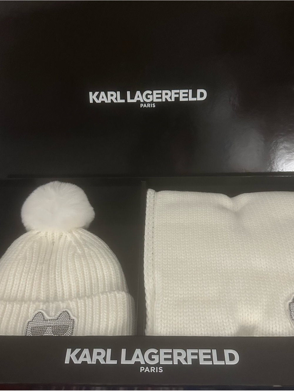 Karl Lagerfeld Cream Knit Pom Hat and Scarf Set